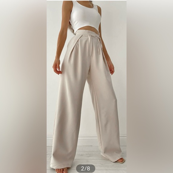 Commense Palazzo Tied Wide Leg Dress Pants in Beige Size Small - Picture 2 of 7